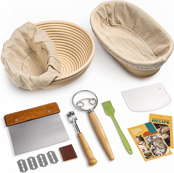 RORECAY Bread Banneton Proofing Basket Set, 9 Inch Round & 10 Inch Oval Cane Sourdough Baskets with