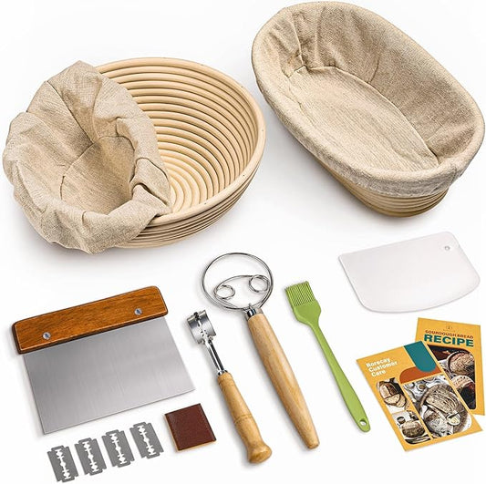 RORECAY Bread Banneton Proofing Basket Set, 9 Inch Round & 10 Inch Oval Cane Sourdough Baskets with