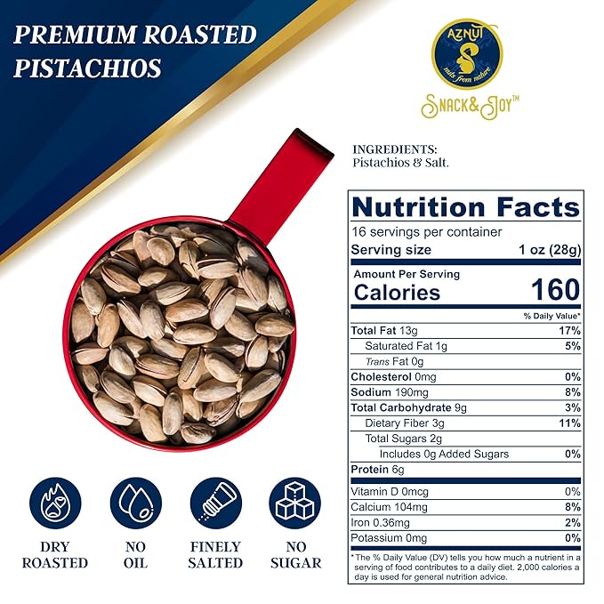 AZNUT Turkish Antep Roasted Salted Pistachios 2 LB, 100% Natural Premium Quality Class A, Non GMO