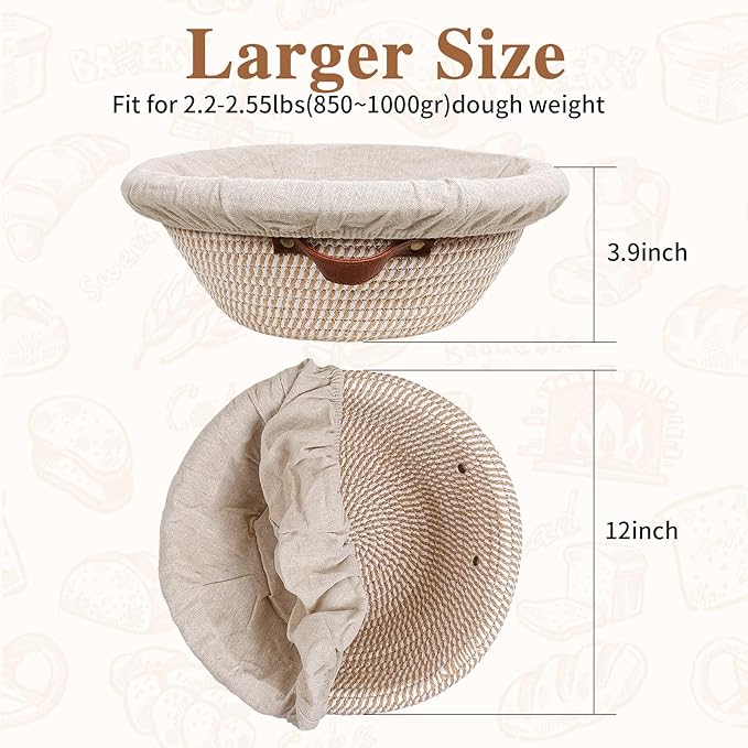12 Inch Large Cotton Rope Banneton Bread Proofing Basket Set, 2 Pack Round Sourdough Bread Baking