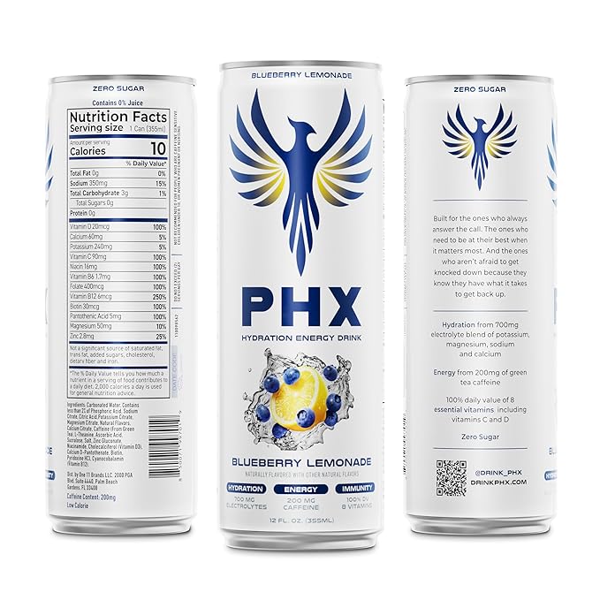 PHX Hydration Energy Drink - 700mg Electrolytes, 200mg Natural Green Tea Caffeine, 100% Daily Value