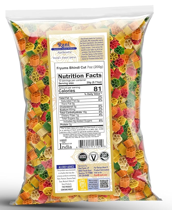 Rani Far Far/Fryums (Wheat & Tapioca Pellet) Bhindi Shape 7oz (200g) ~ Vegan, Kosher, Uncooked