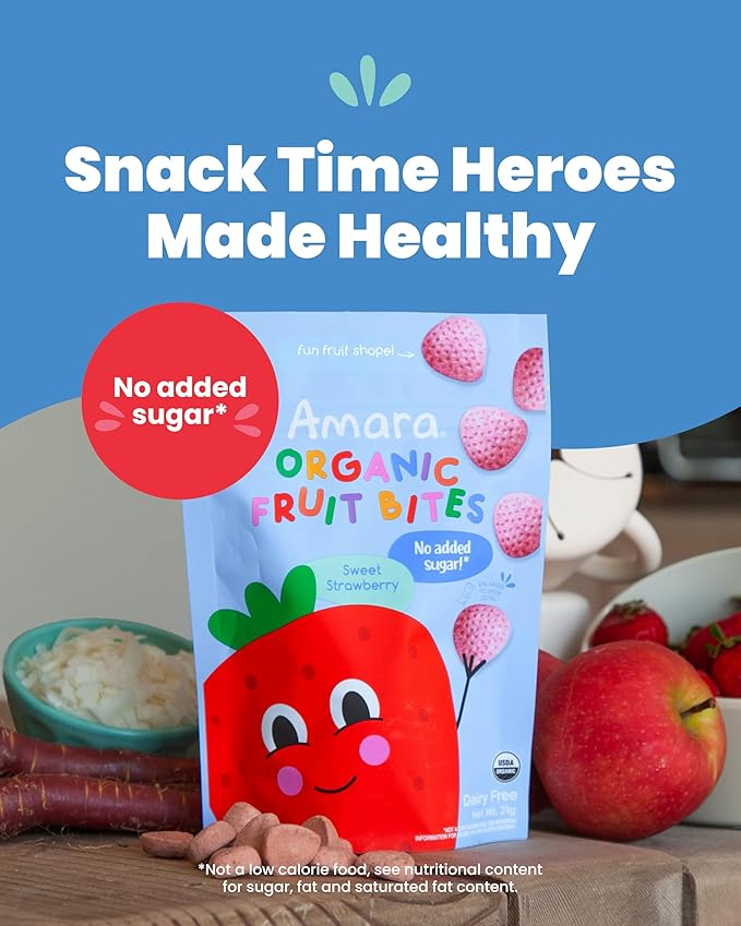 Amara Organic Fruit Bites Sweet Strawberry - No Added Sugar, Dairy-Free, Nut-Free Organic Fruit