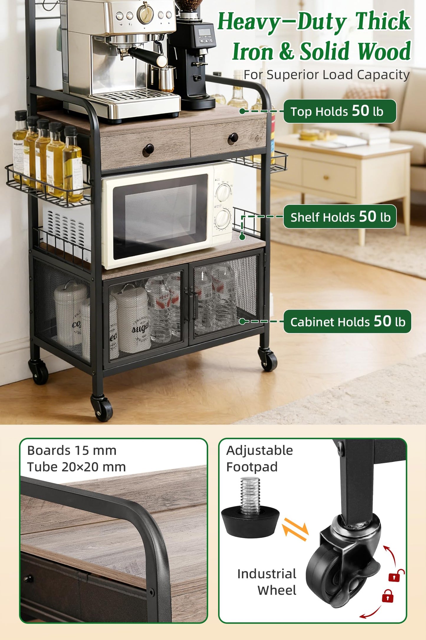 Coffee Bar Cabinet with Storage, Coffee Cart with Wheels, Coffee Station with Coffee Bar Sign and