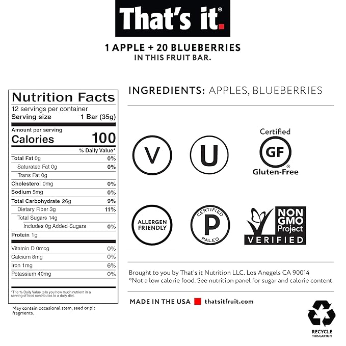 That's it. Apple + Blueberry 100% Natural Real Fruit Bar, Best High Fiber Vegan, Gluten Free