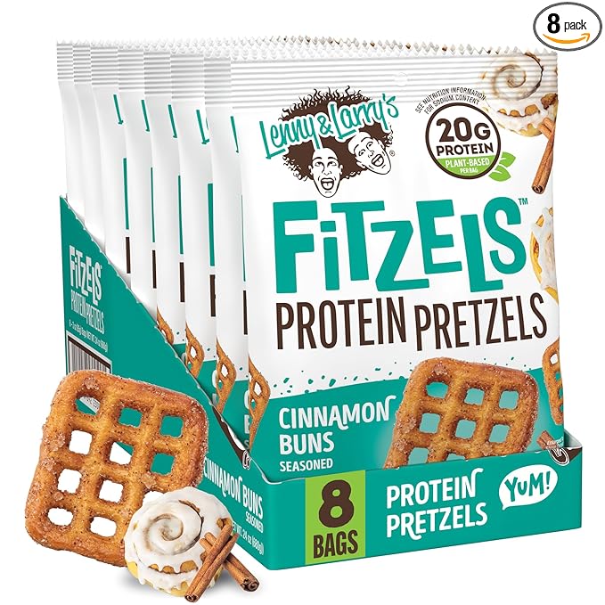 Lenny & Larry's FITZELS Protein Pretzels (Cinnamon Buns) 8 Individual Bags 3 oz Each – High Protein
