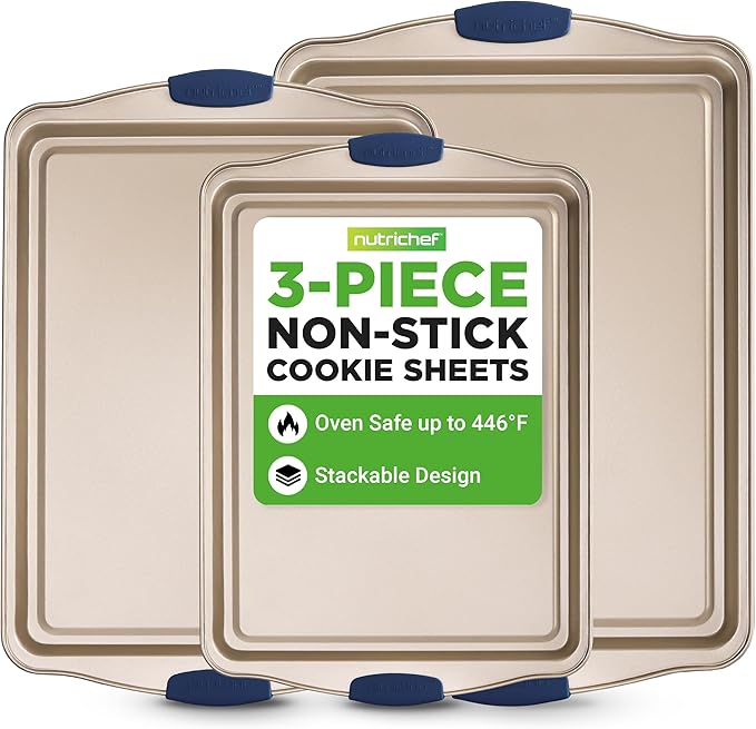 NutriChef 3-Piece Nonstick Bakeware Set - Premium Carbon Steel Oven Baking Trays w/Blue Silicone