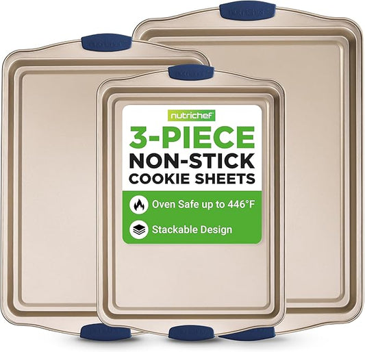 NutriChef 3-Piece Nonstick Bakeware Set - Premium Carbon Steel Oven Baking Trays w/Blue Silicone