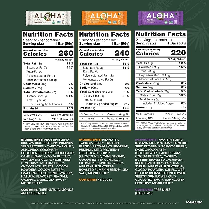 ALOHA Organic Plant Based Protein Bars - 6 Flavor Variety Pack - 12 Count, 1.9oz Bars - Vegan