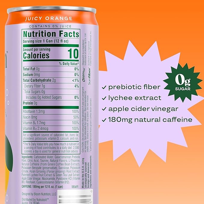 Bloom Nutrition Sparkling Energy Drink - Natural Caffeine, Zero Sugar, 180mg Caffeine