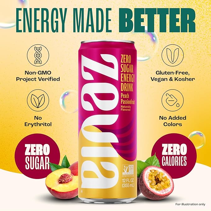 Zevia Zero Sugar Energy Drink, Peach Passionfruit, 12 oz Cans (12-Pack) – Naturally Sweetened