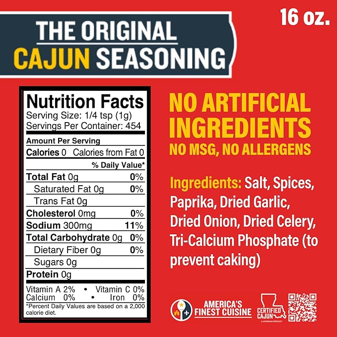 Original Cajun Seasoning - 16 oz Jar, Low Sodium, No MSG, All Natural - Authentic Louisiana Spice