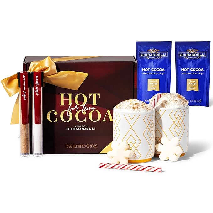 Hot Cocoa for Two Gift Set Made with Ghirardelli, Includes 2 Mugs, 2 Hot Cocoa Mixes, 2 Sugar