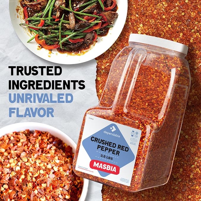 Dependable Food Crushed Red Pepper Flakes - 3.5 Lb. Container - Bulk Size - Kosher Spice Seasoning