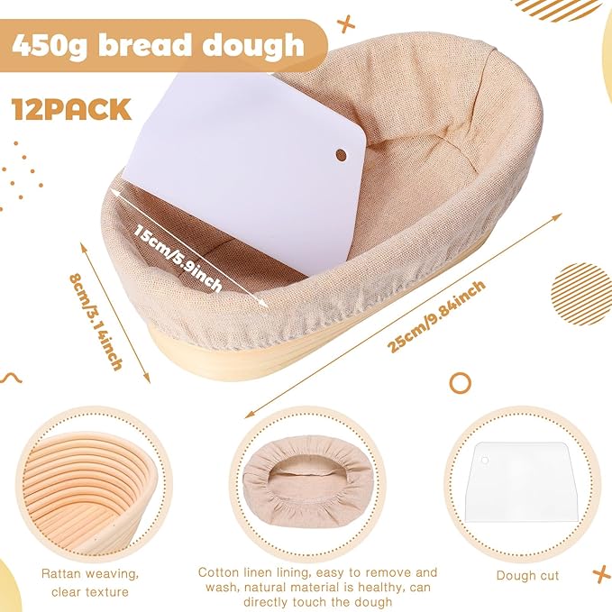 Gejoy 12 Set Bread Proofing Baskets Oval Shaped Banneton Dough Proofing Bowls Kit with Cloth Liner