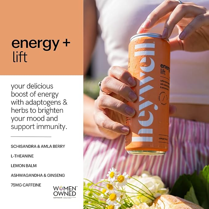 Heywell Sparkling Adaptogenic Water, Energy and Uplift, Orange Mango Flavor 12 Fluid Ounce (Pack of