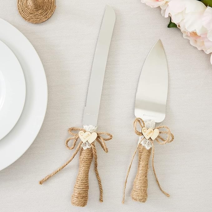 Juvale Wedding Decor Rustic Cake Knife & Server Set with Champagne Flutes - Brown Wood Handles