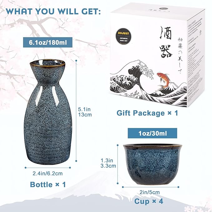 DUJUST 5 pcs Japanese Sake Set, Kiln Altered Glaze Porcelain Sake Set, 1 Bottle, 4 Cups & 1 Gift