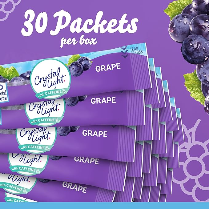 Crystal Light Grape Naturally Flavored Powdered Drink Mix with Caffeine, 120 ct Pack, 4 Boxes of 30
