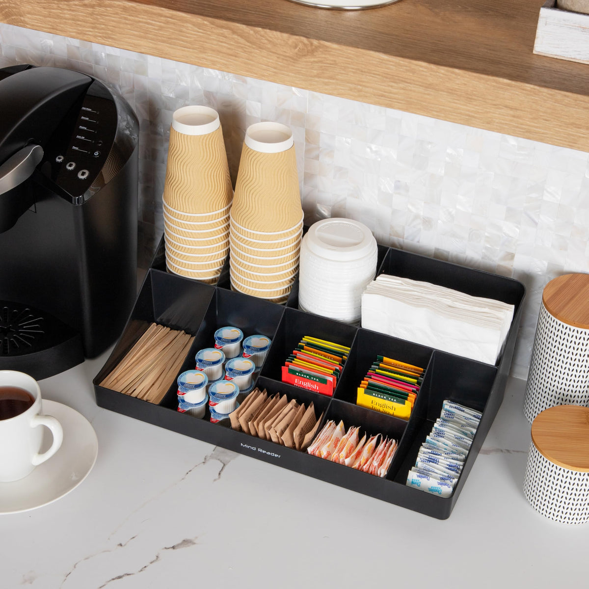 Mind Reader Cup and Condiment Station, Countertop Organizer, Coffee Bar, Kitchen, Stirrers