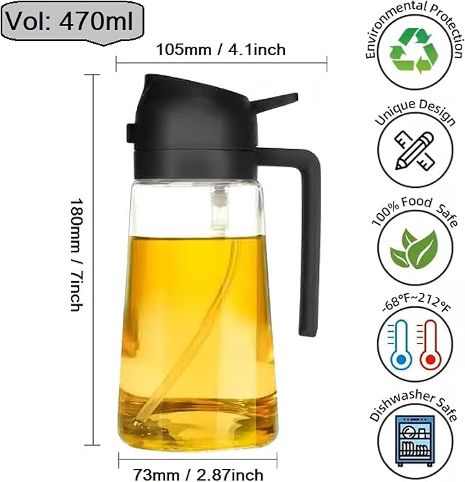 Oil Sprayer for Cooking 2 in 1, 470ml/16oz, Oil Spray & Dispenser Glass Bottle, Food-grade material