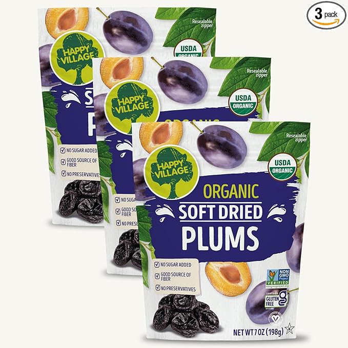 Happy Village Organic Soft Dried Plums 21 OZ (3 Packs of 7 OZ) – Soft & Juicy Prunes with No