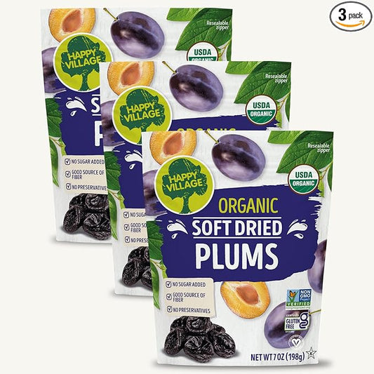 Happy Village Organic Soft Dried Plums 21 OZ (3 Packs of 7 OZ) – Soft & Juicy Prunes with No