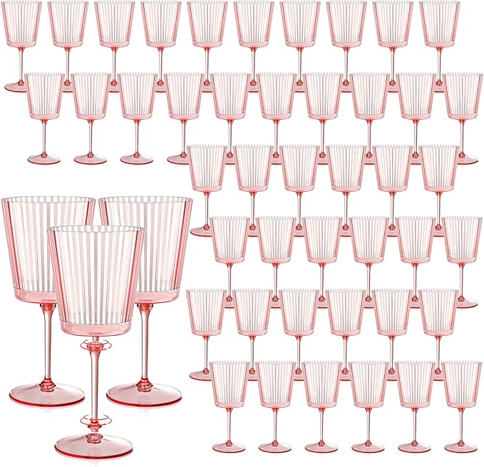 48 PCS Pink Plastic Wine Glasses with Removable Stems 13.5 Oz Pink Ribbed Wine Glasses Square White