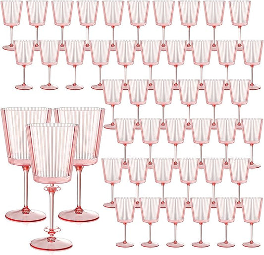 48 PCS Pink Plastic Wine Glasses with Removable Stems 13.5 Oz Pink Ribbed Wine Glasses Square White
