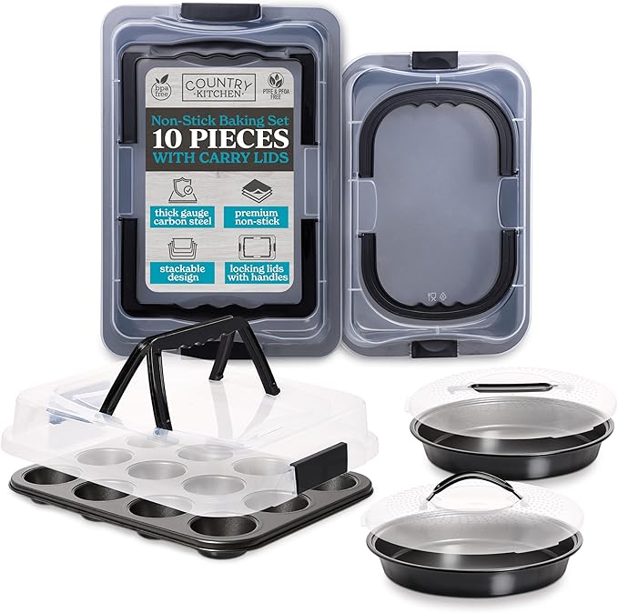Country Kitchen Baking Pans Set - 10 Piece Non-Stick Cake Pans with Carry Lids for Easy Storage &