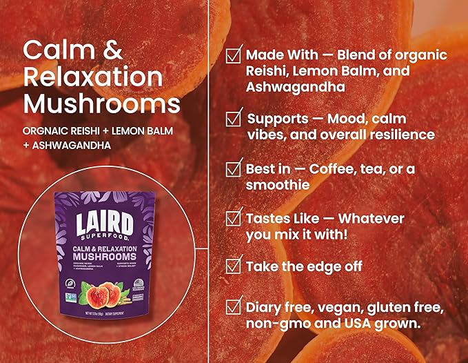 Laird Superfood Organic Calm and Relax Mushroom Blend with Reishi, Lemon Balm, and Ashwagandha