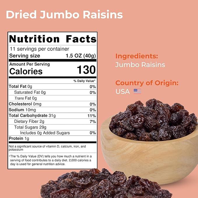 Amrita Dried Jumbo Raisins 1 lb | Naturally Sweet, Gluten-Free Snack | Dried Grapes Packed Fresh in