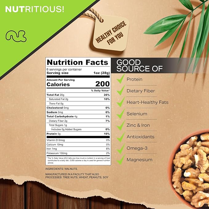 NUT CRAVINGS - Raw Walnuts Halves & Pieces, Unsalted, Shelled, (6oz - 1 Pack) Bulk Nuts Packed