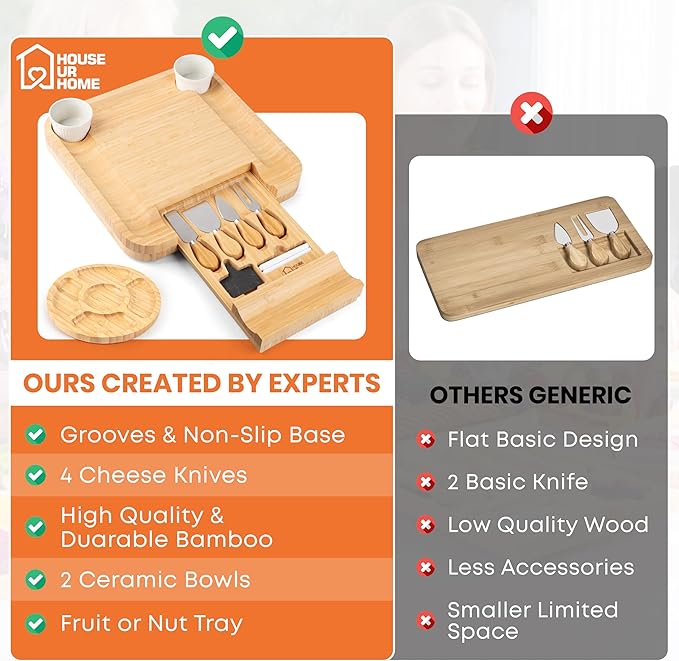 Large Bamboo Charcuterie Boards Gift Set with Hidden Drawer, Side Fruit Tray, Cheese Knife Set