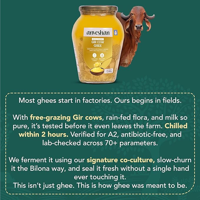 Anveshan A2 Gir Cow Desi Ghee Clarified Butter 33 Fl. Oz/1000mL | Grass-Fed | Pasture-Raised |