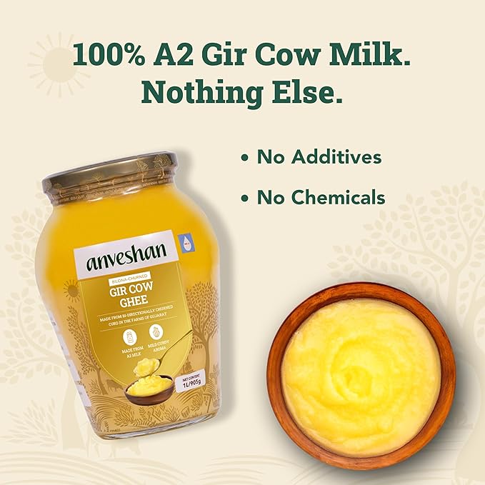 Anveshan A2 Gir Cow Desi Ghee Clarified Butter 33 Fl. Oz/1000mL | Grass-Fed | Pasture-Raised |