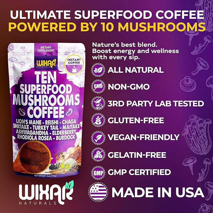 WIXAR Superfood Mushroom Coffee - Instant Coffee Powder, Ten Superfood Extracts with Lion's Mane