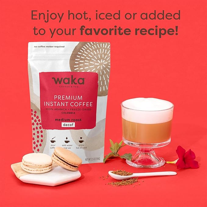 Waka Instant Coffee, Decaffeinated Medium Roast - 100% Arabica Colombian Beans, Freeze Dried