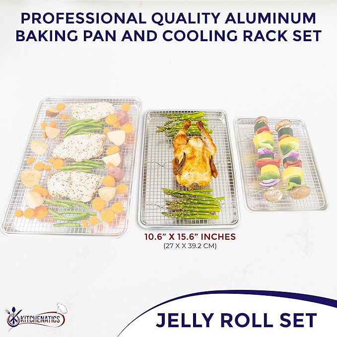 KITCHENATICS Aluminum Jelly Roll Pan 15x10 and Stainless Steel Rack Set, Baking Pan with Rack for