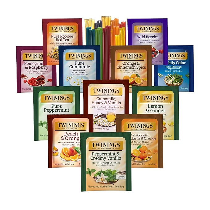 Twinings 48 Tea Bags Herbal Variety Pack, Bundle with 20 Flavored Honey Sticks – 12 Flavors