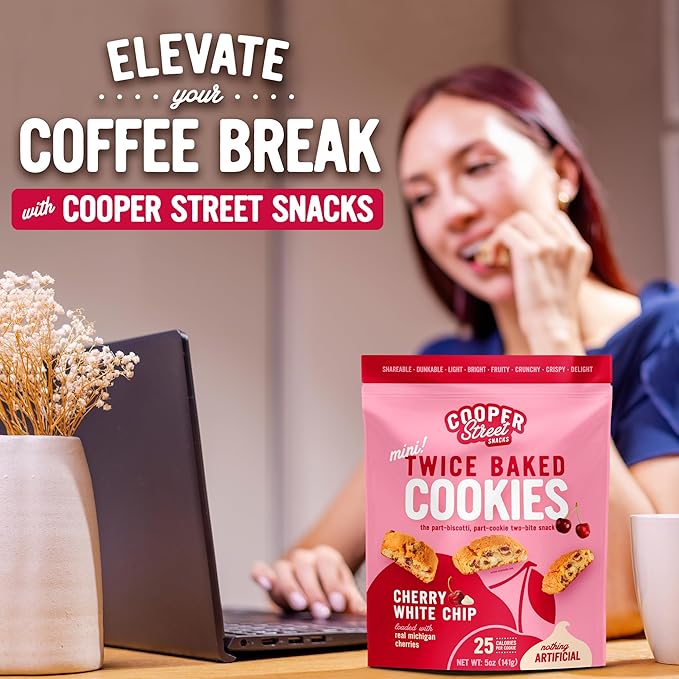 COOPER STREET Twice Baked Cherry White Chip Biscotti Cookies - Crispy Mini Biscotti Cookies Ideal