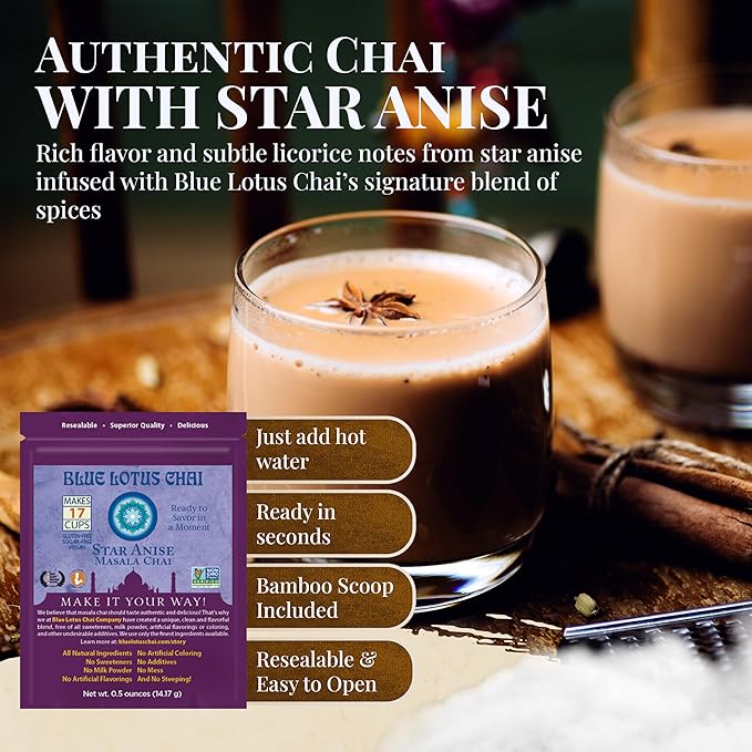 Blue Lotus Chai - Star Anise Masala Chai - Makes 17 Cups - 0.5 oz Pouch Masala Spiced Chai Powder