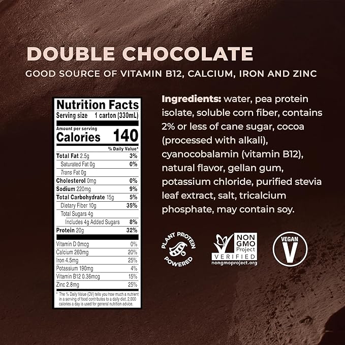 Evolve Plant Based Protein Shake, Double Chocolate, 20g Vegan Protein, Dairy Free, No Artificial