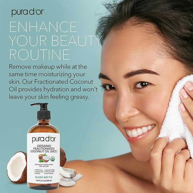 PURA D'OR 16.9 Oz ORGANIC Fractionated Coconut Oil MCT Oil (GLASS BOTTLE) 100% Pure & Natural USDA