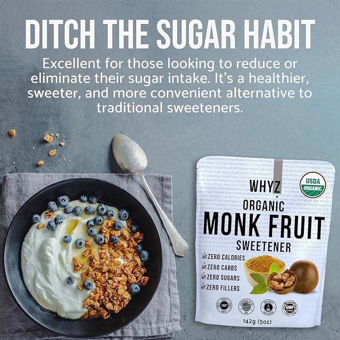 Organic Monk Fruit Extract, 5 oz, Pure Monk Fruit Sweetener Organic No Erythrytol and Zero Calorie