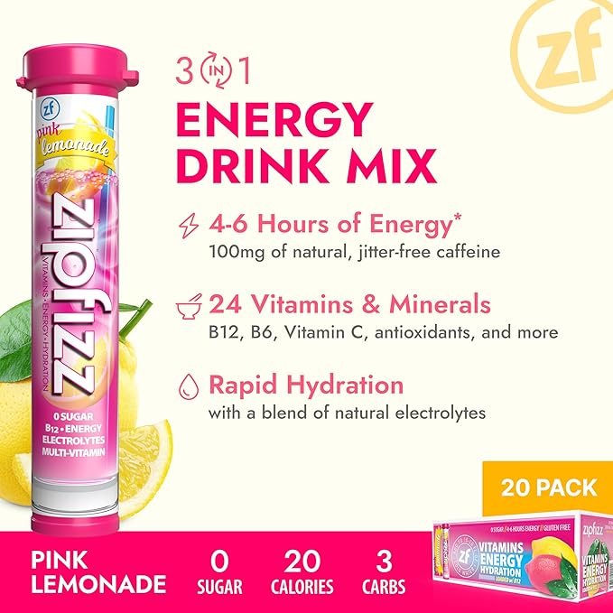 Zipfizz Daily Energy Drink Powder, Pink Lemonade, 12 Pack | 3-in-1 Sustained Energy, Rapid