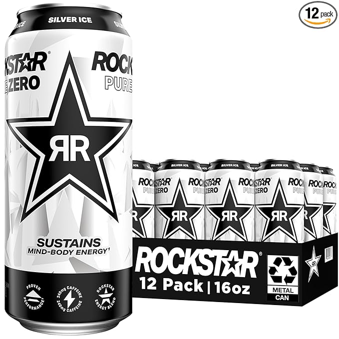 Rockstar Pure Zero Energy Drink, Silver Ice, 0 Sugar, with Caffeine and Taurine, 16oz Cans (Pack of