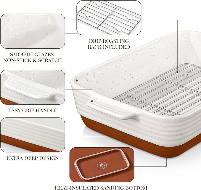 MALACASA Baking Dish with Rack, 4.8 Qt Ceramic Roasting Pan with Stainless Steel Drip Rack, 9x13