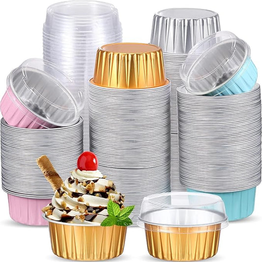 150 Pcs Cupcake Liners with Lids 5 oz Aluminum Foil Cupcake Baking Cups Disposable Ramekins Muffin
