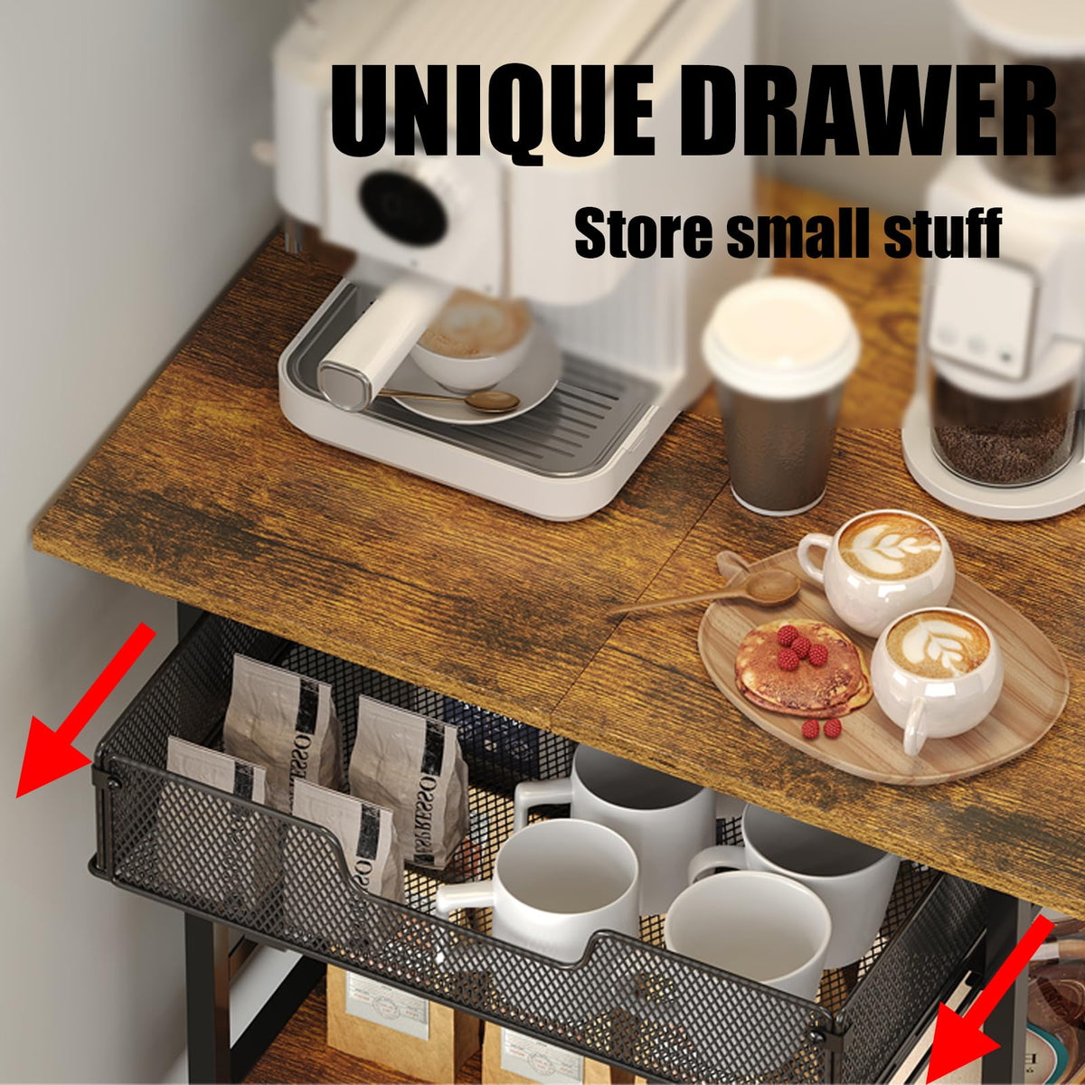 3 Tier Slim Rolling Coffee Cart with 2-Door & Pull-Out Wire Basket Drawer, Coffee Bar Cabinet on